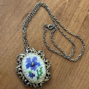 Vintage Floral Embroidered Needle Work Pendant Necklace Oval Flower Brasstone